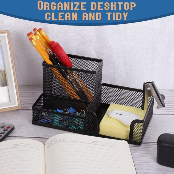 Desk Organizers Mesh Pencil Holder,3 Compartments Black Mesh Pen Holder Storage - Picture 2 of 7
